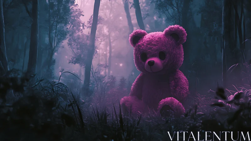 Oversized magenta teddy bear rendered in moody volumetric forest