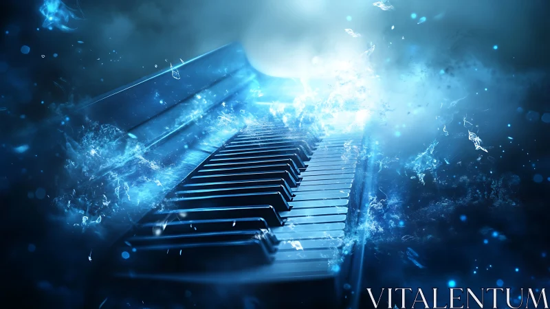 Starlit piano keys launch blue music into drifting cosmos