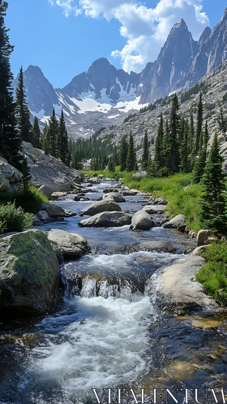 Mountain creek flowing through rocky alpine valley landscape