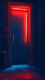 Closed interior door with red neon edge lighting in hallway.