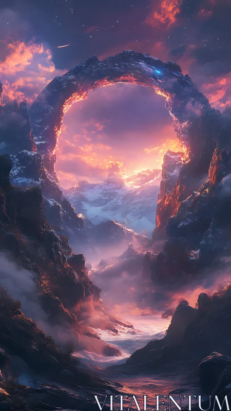 Celestial stone arch frames a fiery, dreamlike sunrise sky.