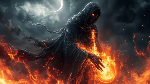 Hooded fire wraith conjuring infernal flames under crescent moon.