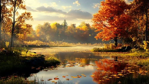 Autumn forest lake with golden foliage and calm reflections.
