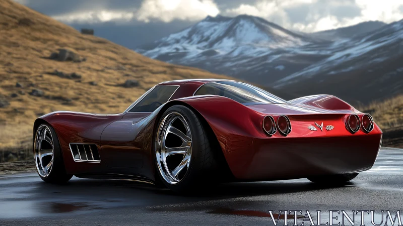 Sculpted red concept supercar under overcast alpine light.