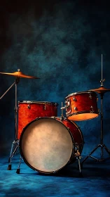 Classic drum kit on moody blue studio background.