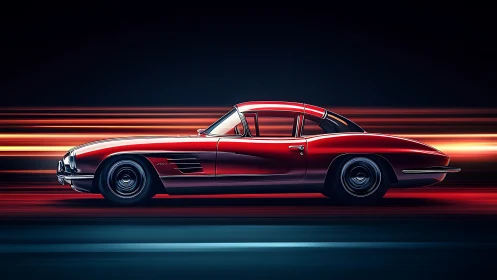 Crimson classic coupe racing through neon streaked nightscape.