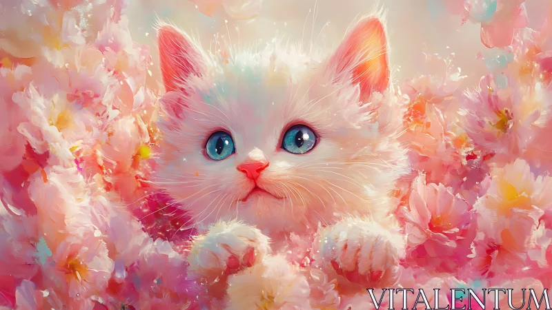 White Cat with Rainbow Ears Among Pink Floral Blooms.
