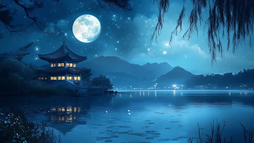 Moonlit lakeside pavilion dreaming beneath sapphire constellations.