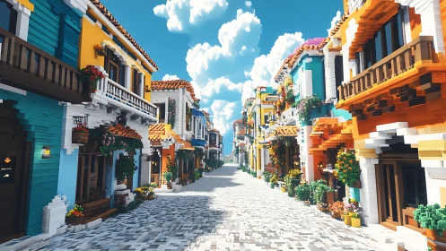 Voxel-rendered Mediterranean street with high saturation lighting
