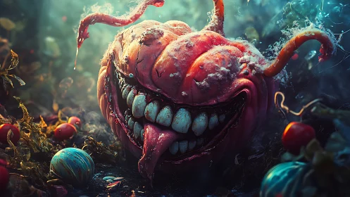 Grotesque mutant pumpkin grins in a dark enchanted garden.