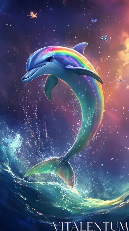 Rainbow dolphin arcs through cosmic surf at sunset sky.