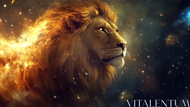 Cosmic lion portrait with incendiary mane and nebular particle field