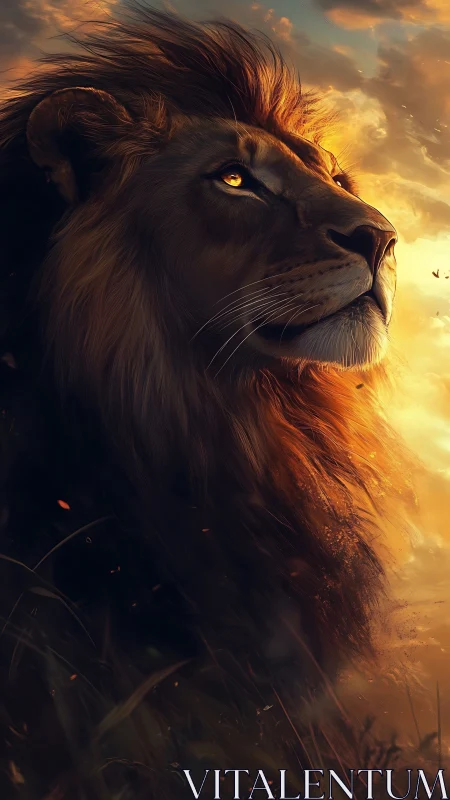 Golden-eyed lion gazes into a warm, glowing sunset sky