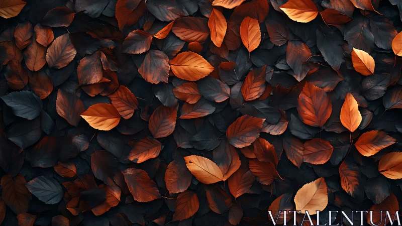 Overlapping autumn leaves form dense orange and dark pattern