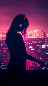 Neon city rooftop DJ wrapped in glowing night rhythms.