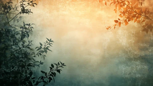 Whispering foliage framing a dawnlit misty sky window.