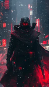 Hooded cyberpunk enforcer in red lit rainy city street.