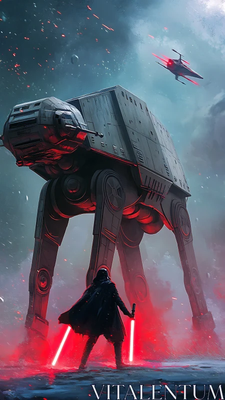 Crimson sabers stalk beneath a towering war walker.