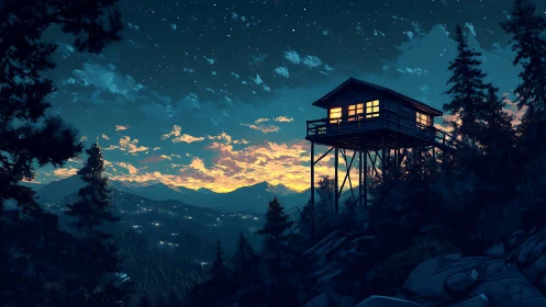 Cozy stilted cabin glowing above quiet mountain twilight.