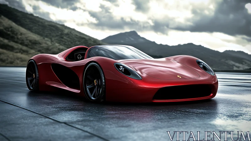 Red futuristic sports car on wet asphalt in mountain setting.