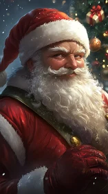 Santa Claus portrait near decorated tree in snowfall.