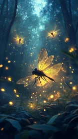 Luminous dragonflies drifting through an enchanted forest night.