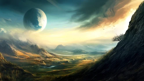 Alien landscape shows vast valley under large distant planet