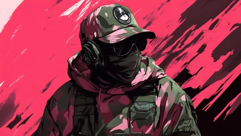 Urban tactical figure stands against bold pink backdrop.