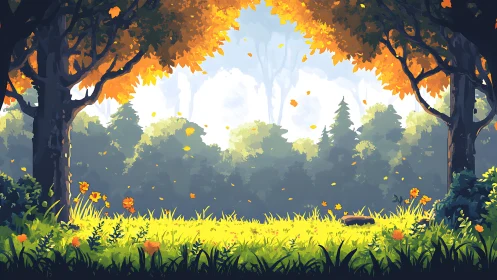 Autumn Forest Canopy: Golden Leaves Frame Misty Woodland Landscape.