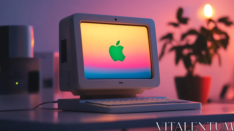 Retro desktop glowing with colorful apple logo screen.