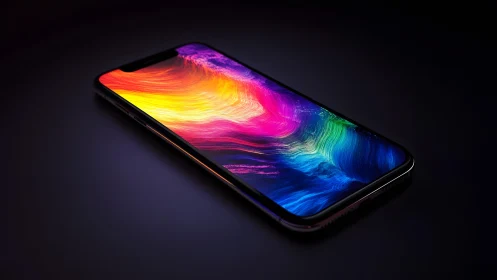 Modern smartphone with vibrant abstract display on dark background.