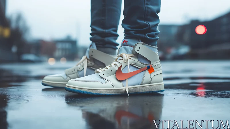 Streetwear sneakers stand bold on wet urban pavement at dusk.