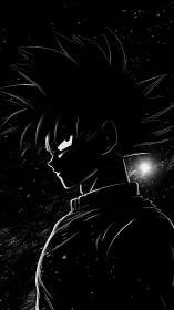 High-contrast anime silhouette under starfield with rim lighting