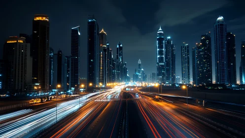 Night city skyline frames long exposure highway traffic