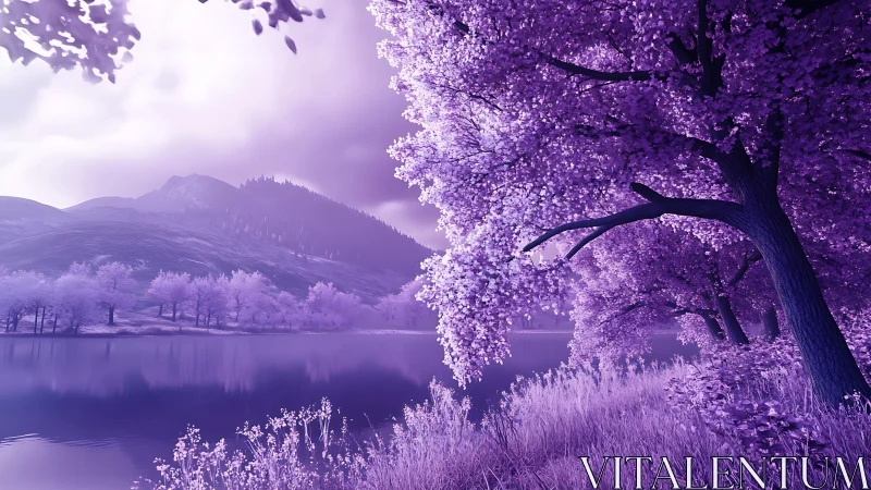 Infrared-toned lakeside trees frame distant mountain ridge