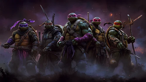 Armored ninja turtles stride through neon-smoked battle dusk.