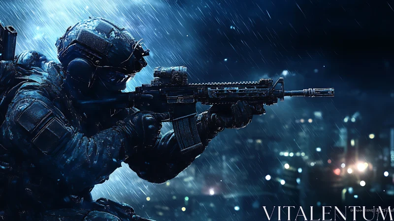 Midnight rain sniper poised above a neon-dusted cityscape.