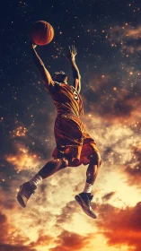 Basketball player in midair layup against cosmic sky backdrop