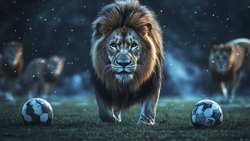 Lion on a field with soccer balls in a dramatic night scene.