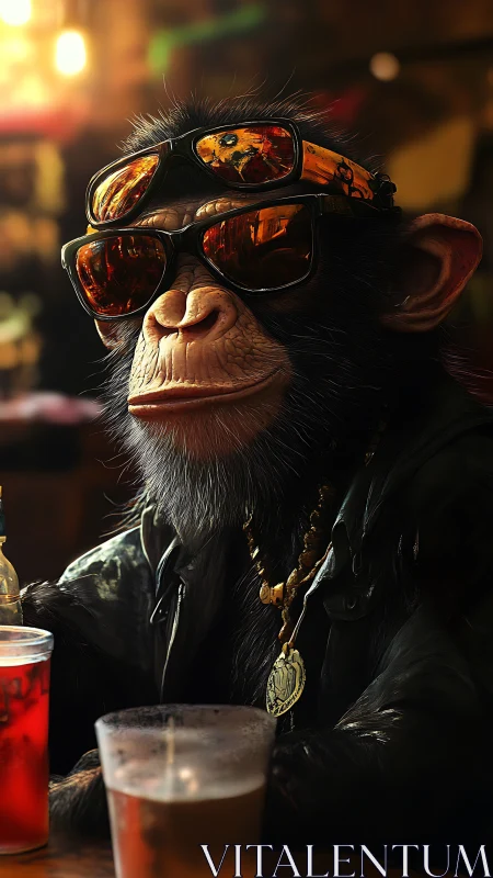 Chimpanzee in sunglasses seated at bar counter.