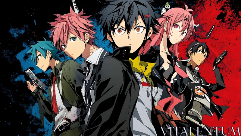 Bold anime heroes stand united against a vivid chaos backdrop