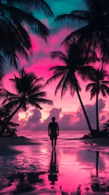 Silhouette on tropical shore under magenta cyan sunset sky.