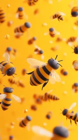 Playful 3D honey bees drift across a vivid orange sky.