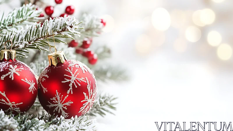 Red ornaments on snowy fir branches with soft light bokeh.