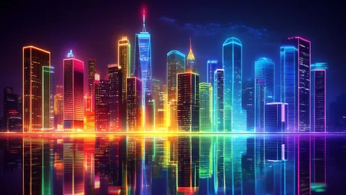 Neon cyberpunk skyline with vivid reflections at night.