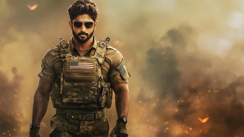 Tactical soldier strides through burning battlefield haze.