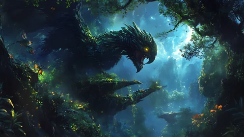 Mystical forest dragon watches over a glowing emerald valley
