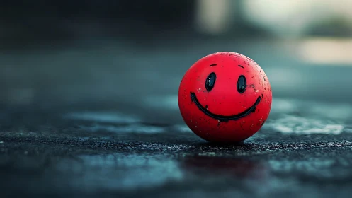 Bright red smiley ball bringing joy to a rainy street.