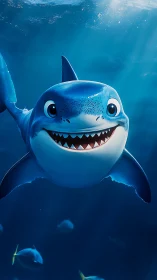 Grinning baby shark rockets through sapphire ocean glow.