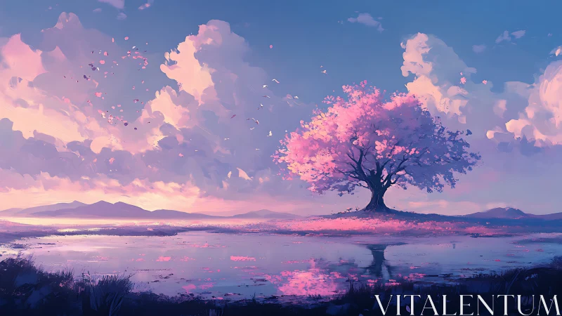 Solitary pink tree beside reflective water under clouded sky.